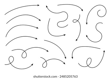 Collection of curved arrows. Set simple curved hand drawn arrows. Collection of pointers.