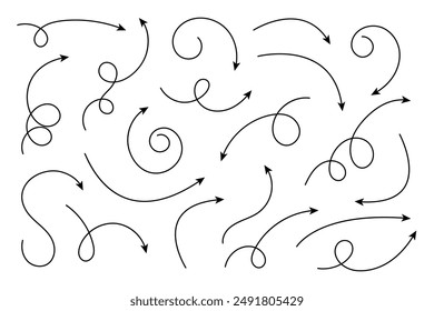 Collection of curved arrows. Set simple curved hand drawn arrows. Collection of pointers.