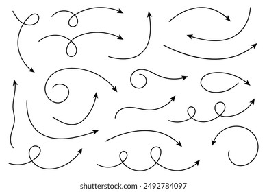 Collection of curved arrows. Set simple curved hand drawn arrows. Collection of pointers.