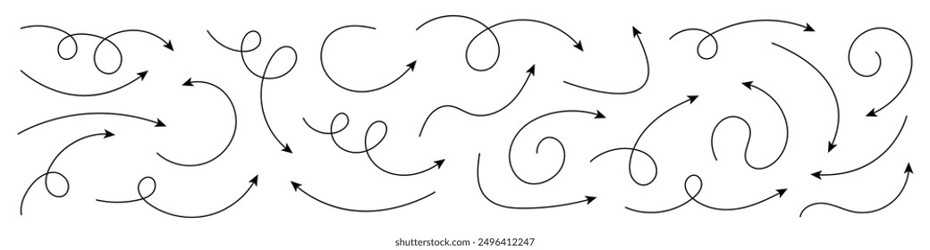 Collection of curved arrows. Set simple curved hand drawn arrows. Collection of pointers.