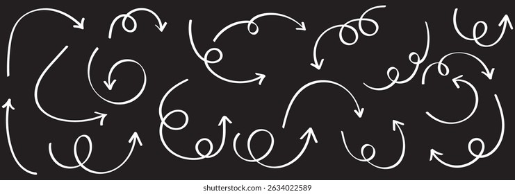 Collection of curved arrows. Set simple curved hand drawn arrows. Collection of pointers.