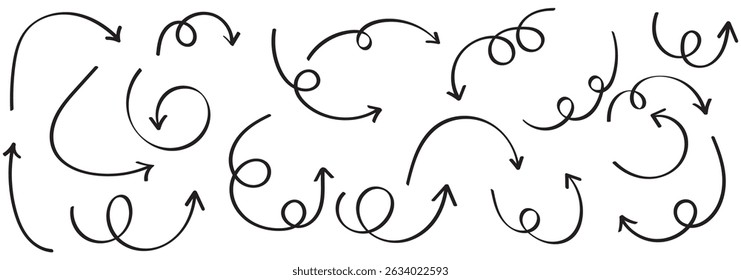 Collection of curved arrows. Set simple curved hand drawn arrows. Collection of pointers.