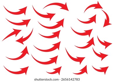 Coleção de setas curvas. Defina setas curvas simples desenhadas à mão. Coleção de indicadores.