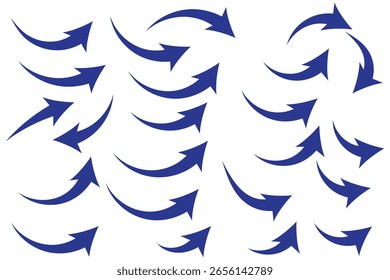 Collection of curved arrows. Set simple curved hand drawn arrows. Collection of pointers.