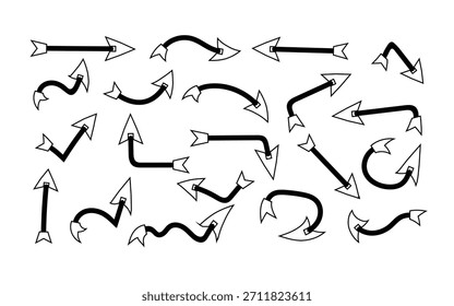 Sammlung von gekrümmten und gebogenen schwarzen Vektorpfeilen für Diagramme, Flussdiagramme und Infografiken.