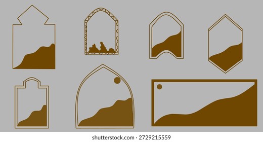 Una colección de marcos bohemios curvos. Un concepto de marco curvo con líneas finas. Ilustración vectorial.