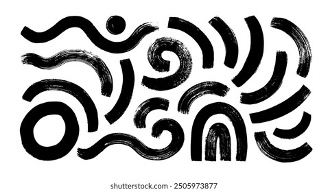 Collection of curved bold lines, arches and circular brush strokes. Hand drawn thick rough lines, swirls. Abstract modern vector squiggles. Scribble doodle strokes for collages and design.