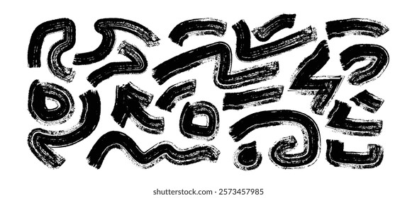 Collection of curved bold lines, arches and circular brush strokes. Hand drawn thick rough lines, swirls. Vector trendy illustration.