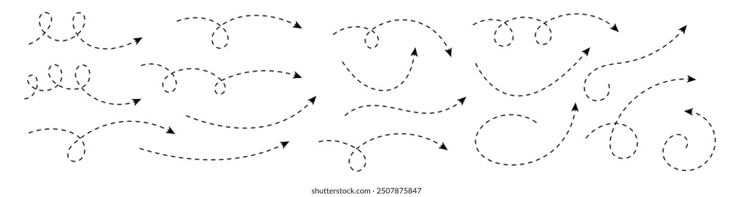 Collection of curved dotted arrows. Zigzag arrow design with dotted lines. Curved dotted arrow.