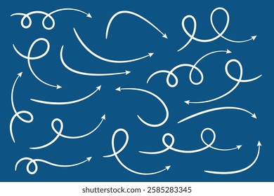 Collection of curved hand drawn arrows. White arrows on blue background.