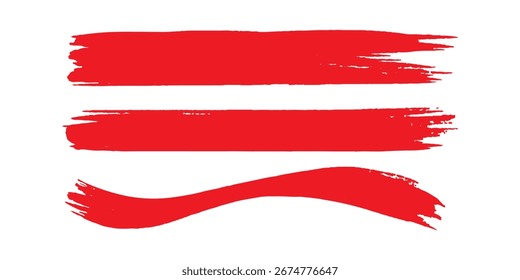 Uma coleção de linhas curvas de vetor de tinta vermelha. Traçados de pincel longos e arredondados desenhados à mão, texto realçado, quadros e círculos.