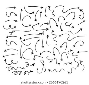 Una colección de flechas de Vector curvas, giratorias, punteadas y discontinuas ideales para infografías, presentaciones, diagramas y proyectos de Diseño gráfico. Perfecto para indicar dirección y flujo.