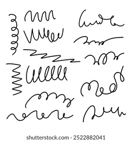 Collection of curvy line, hand drawn, signature, scroll line isolated. Squiggle line vector.