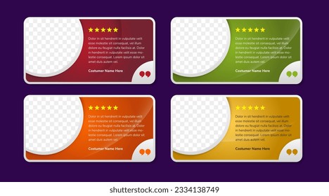 colección de comentarios del cliente vector de plantilla testimonial con diálogo de iconos y espacio de fotos de círculo de trimestre. Ilustración de diseño de testimonios de clientes. revisión de comentarios o testimonios sobre el diseño horizontal