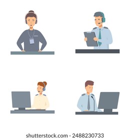 Colección de ilustraciones del personal de la Asistencia al cliente, trabajando en computadoras y con auriculares