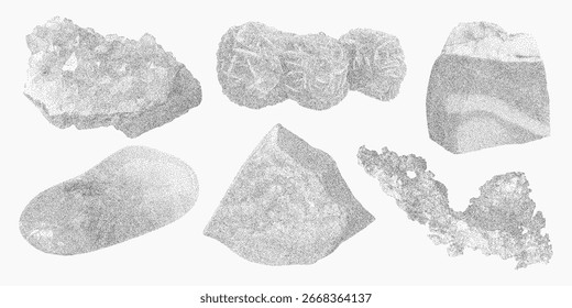 Collection of cut gemstone illustrations in various forms. Vintage stipple textures, layered halftone, subtle grain and dusty offset print imperfections.