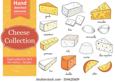 Collection of Cut sliced cheese assortment. Decorative icons set. Vector illustration of for design menus, recipes and packages product.