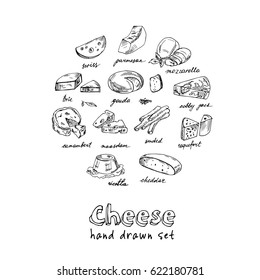 Collection of Cut sliced cheese assortment. Decorative icons set. Vector illustration of for design menus, recipes and packages product.