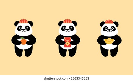 Collection of Cute 3 Panda Wearing Chinese Hat Holding Orange, Red Envelope and Golden Ingot illustration