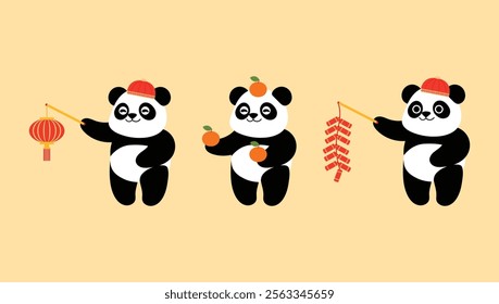 Collection of Cute 3 Panda Wearing Chinese Hat Holding Orange, Red Chinese Lantern and Chinese Firecracker illustration