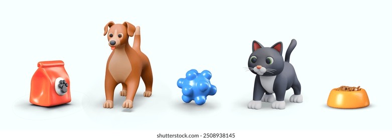 Collection of cute 3D objects for pet business design. Characters and accessories