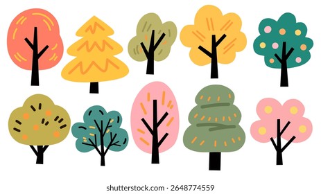 Collection of cute abstract trees in flat style with bold black trunks and cozy pastel colors. Perfect for kids' projects, nature themes, eco design, UI kits, and seasonal illustrations.