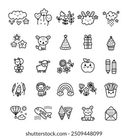 Collection of cute adorable doodle elements, playful hand drawn items, black and white line style, vector illustration.