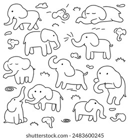 
Collection of cute and adorable elephant patterns outline lineart black and white sketches for various children style backgrounds