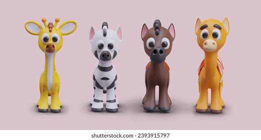 Collection with cute African animals in cartoon style. Realistic yellow giraffe, zebra, cute horse, and camel for transporting people through desert. Vector illustration in 3D style