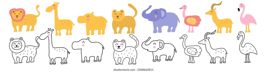 Collection of cute African animals. Flat and outline design. Hand drawn vector icon illustrations. Kids art. Children illustrations. Best for nursery, childish textile, apparel, poster, postcard.