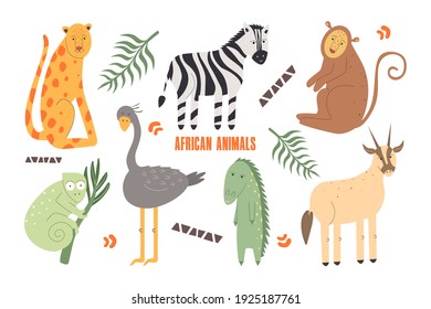 Sammlung süßer afrikanischer Tiere. Leopard, Zebra, Affe, Chamäleon, Krokodil, Antilope, Strauß. Vektorgrafik im Cartoon-Stil.