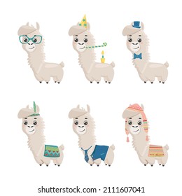 Collection of cute Alpaca in different costumes. Funny smiling animals with face glasses, birthday cap, cylinder, tie and hat for child's room design, T-shirt, greeting card, poster template print