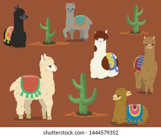 A collection of cute alpacas and cacti. Vector set.