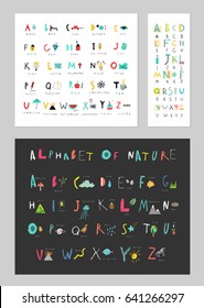 Collection of cute alphabets. Letters and words, natural events, flora and fauna. Learn to read. Isolated.