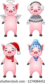 Collection of cute angel and winter pigs cartoon 