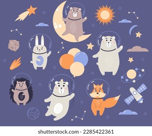 Collection cute animal astronauts. Funny space bears, fox, hedgehog and rabbit with balloons, planets, constellations and meteorites. Vector illustration. Isolated elements on blue background