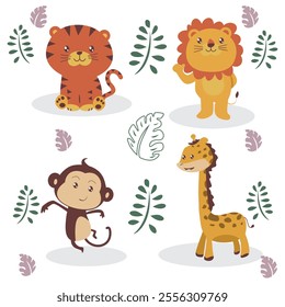 a collection of cute animal cartoon illustration consisting of tiger, lion, monkey, and giraffe, vector file easy to edit