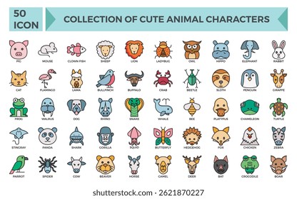 Collection of cute animal characters in fill style. Set of cute animal heads. 