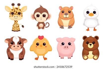 Collection of cute animal characters. Pets, zoo. Suitable for children's parties, banners, posters, stickers, cards. Vector illustration