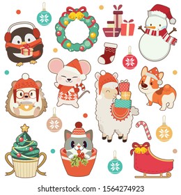The collection of cute animal in christmas theme set in flat vector style. Graphic resource about animals with christmas theme.