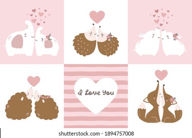 Collection of cute animal couples in love. Elephant, hedgehog, pig, sheep, and fox illustrations in pink, white, and brown.