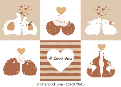 Collection of cute animal couples in love. Elephant, hedgehog, pig, sheep, and fox illustrations in earthy colors.