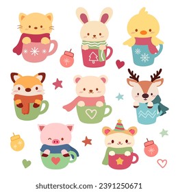 The collection of cute animal in the cup of coffee in christmas theme set in flat vector style.The animals include a fox, bear, cat, deer, duck, pig, hamster and bunny.