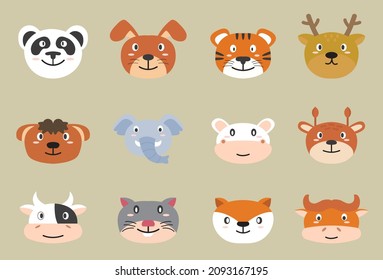 Collection of cute Animal Face for graphic design in cartoon character, vector illustration