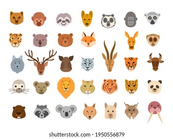 Collection of cute animal faces. Big set of cute animal heads. Vector cartoon characters.  