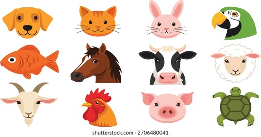 Colección de caras de animales lindos, con mascotas y animales de granja, renderizado en un estilo de dibujos animados simple