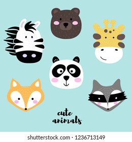 Collection of cute animal faces. Set of creative animal print zebra, bear, giraffe, panda, fox and raccoon. Vector Illustration in Scandinavian style. Good for kids fabric, textile, children apparel.