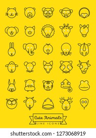 Collection of cute animal faces with white eyeballs vector line icons. Pet, cattle and wild creatures symbols.