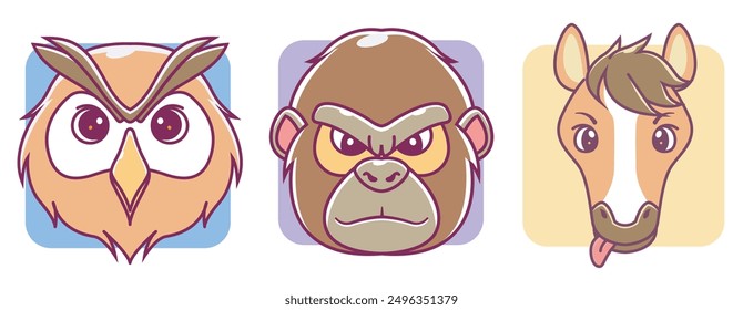 collection of cute animal heads owl gorilla horse. Cartoon Vector Icon Illustration mascot animal nature Isolated