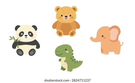 Collection of cute animal illustrations including a panda with bamboo, brown teddy bear, green dinosaur, and baby orange elephant.